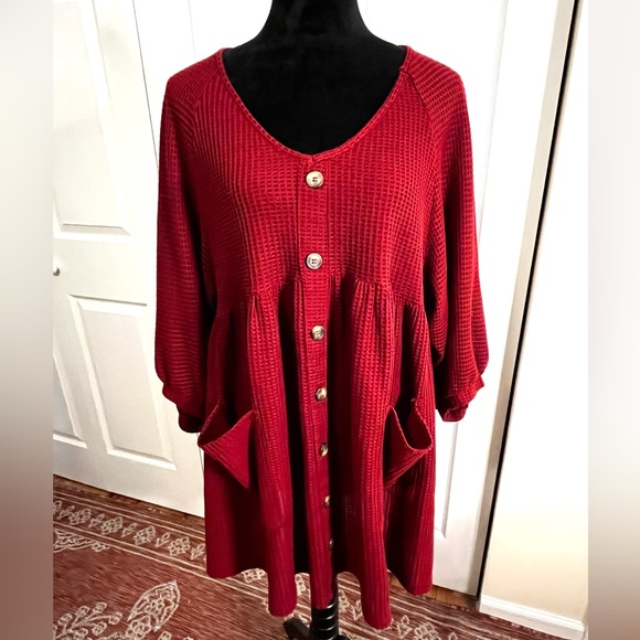 Umgee Waffle Knit Burgundy Midi oversized Dress sz Large - Picture 10 of 14